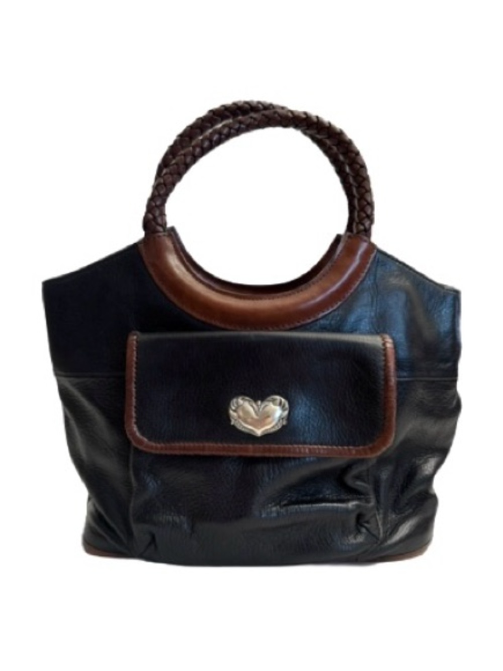 Brighton Black Pebble Leather Purse Brown Trim Hand Bag with Braided Strap